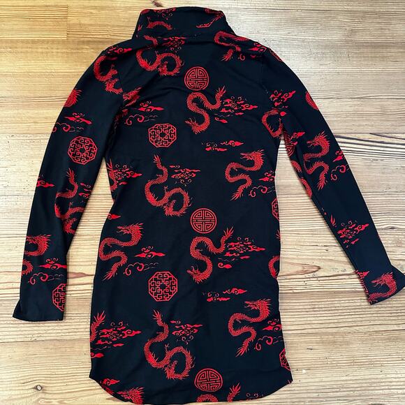 Timing black red Asian print long sleeve button down ruched dress SIZE L - Picture 5 of 5